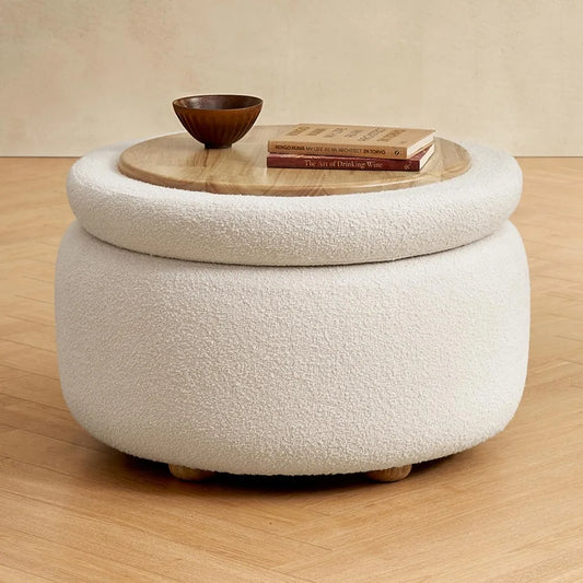 Luna Round Ottoman with Storage and Tray, Round Coffee Table