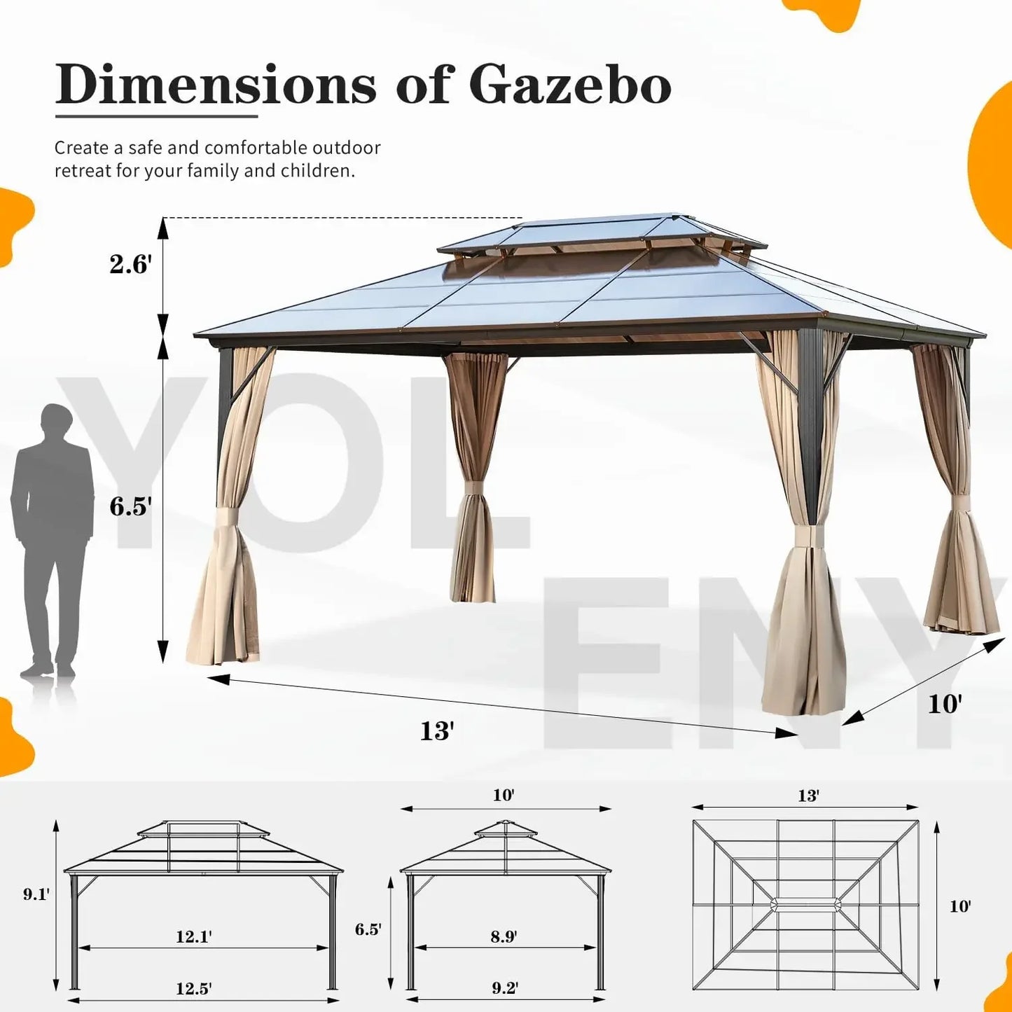 10'x13' Hardtop Gazebo, Double Roof Canopy, Curtains and Netting
