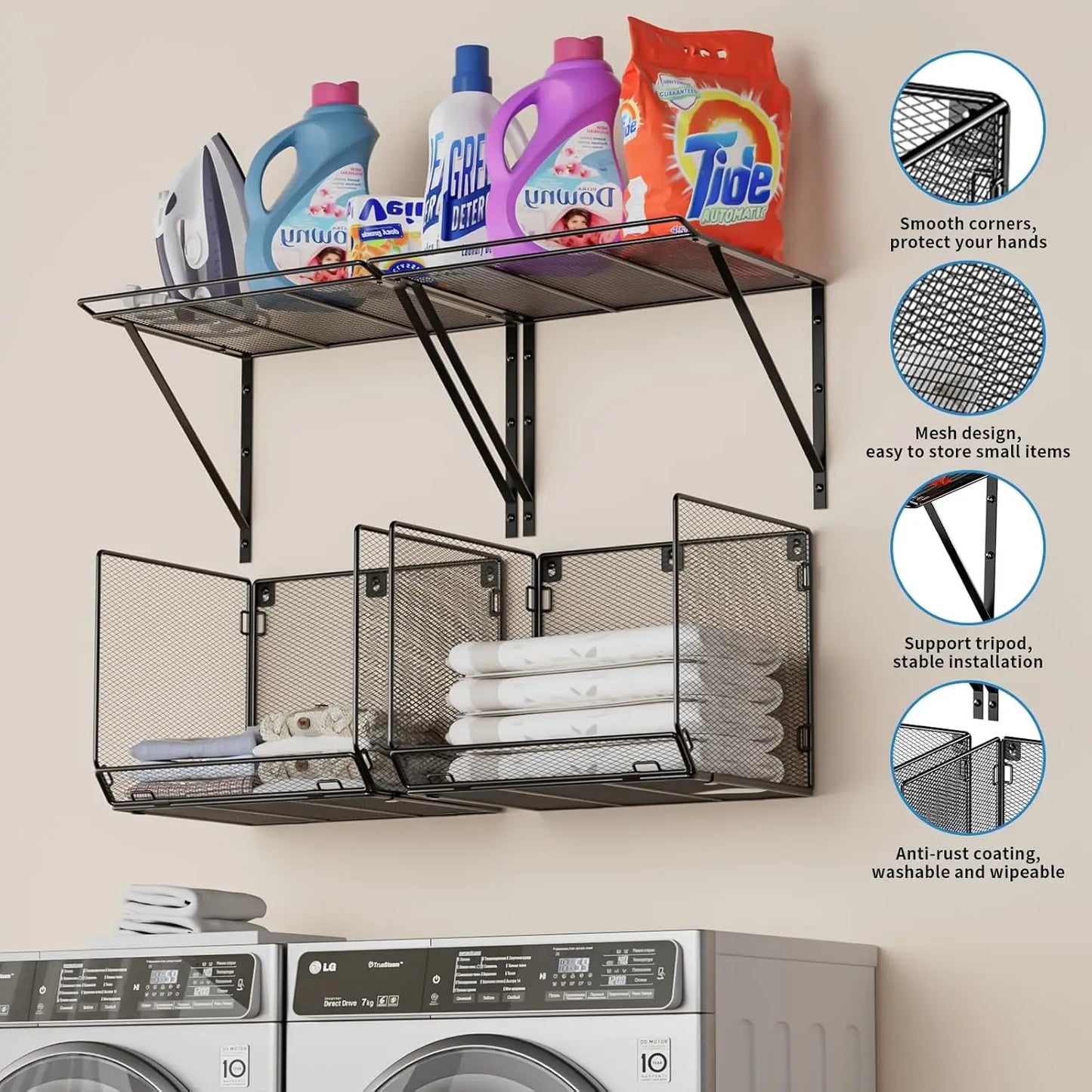 2-Pack Wall-Mounted Laundry Shelves with Mesh Baskets