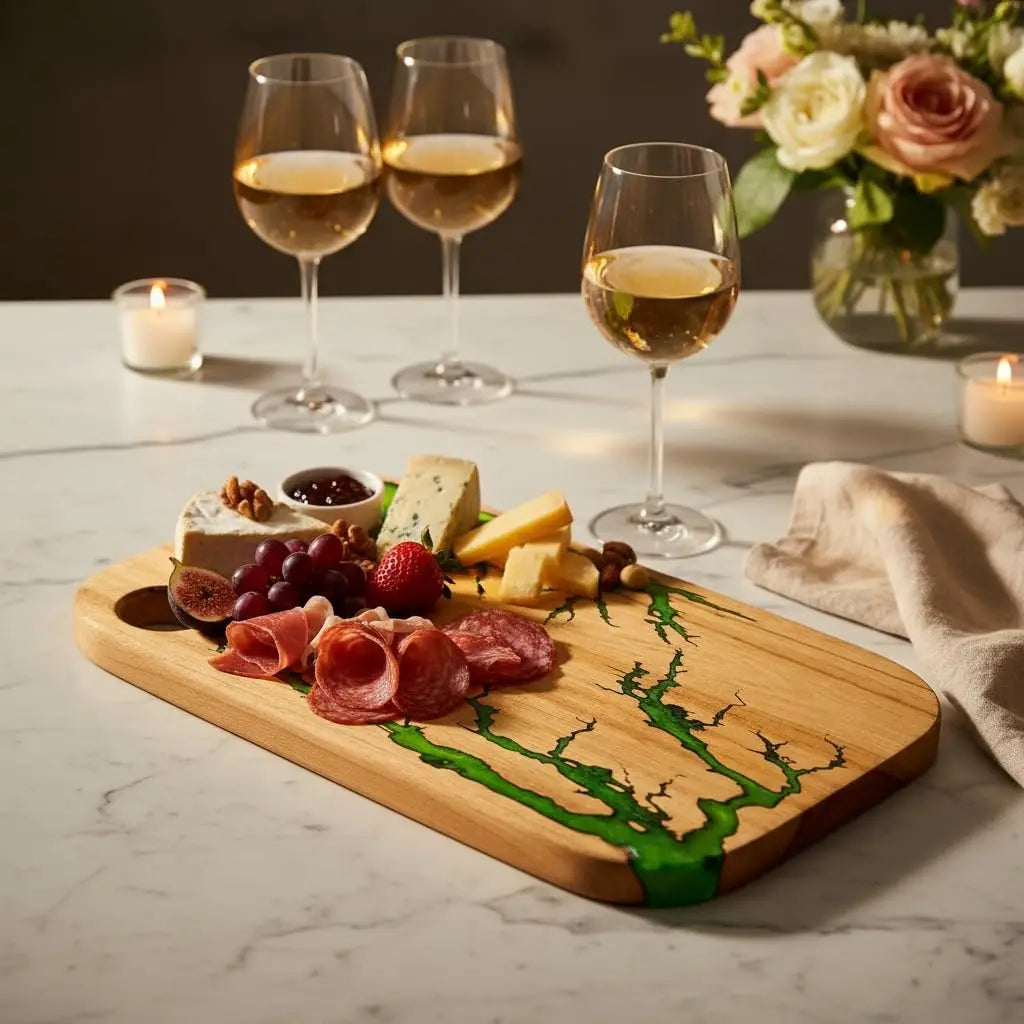 Acacia Wood Charcuterie Board 16x10.5 Inch Green Fractal Burn