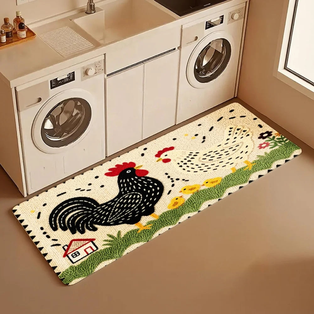 3PCS Kitchen Rugs,Rooster And Flowers Dining Mat
