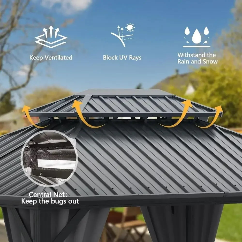 Domi 10x14T Outdoor Gazebo,  Galvanized Steel, Hardtop Gazebo
