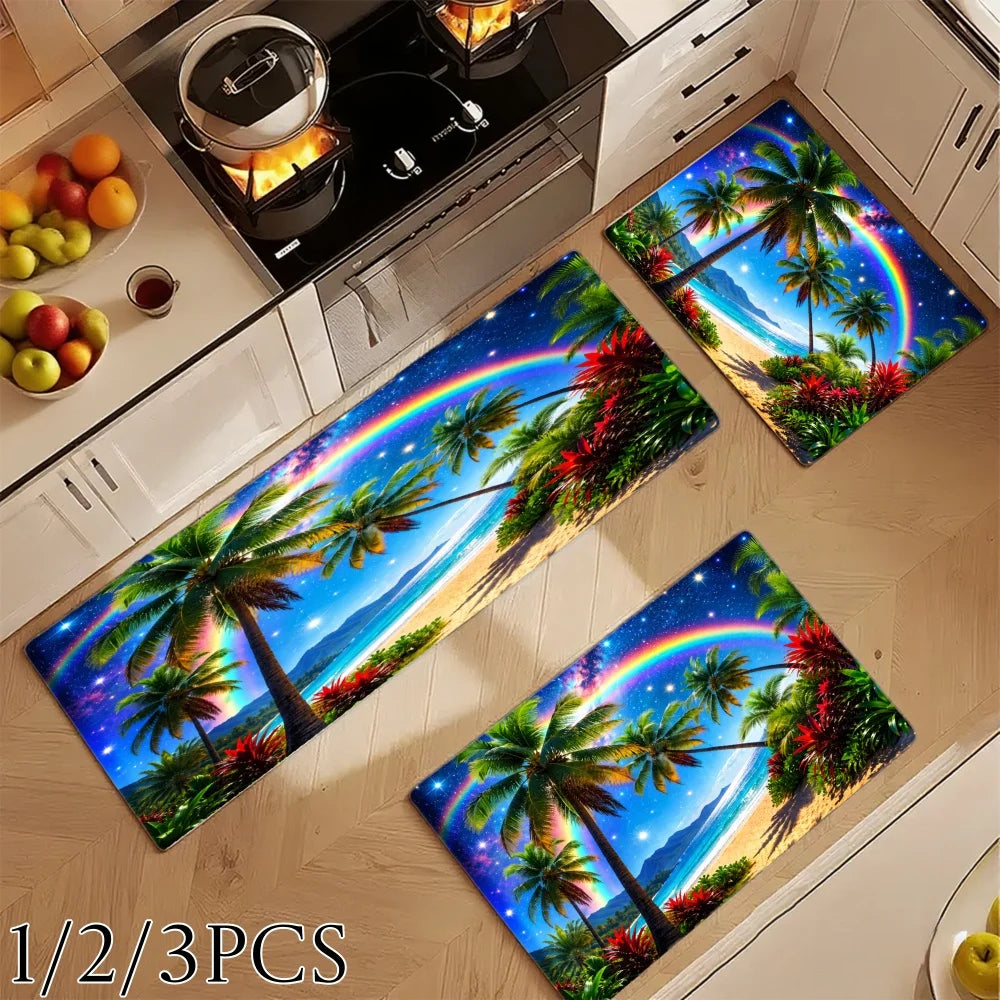 3PCS Kitchen Rugs, Tropical Palm Trees Rainbow Beach Sunset
