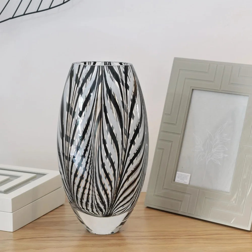 Glass Vase Black and White Feather Pattern Hand Blown