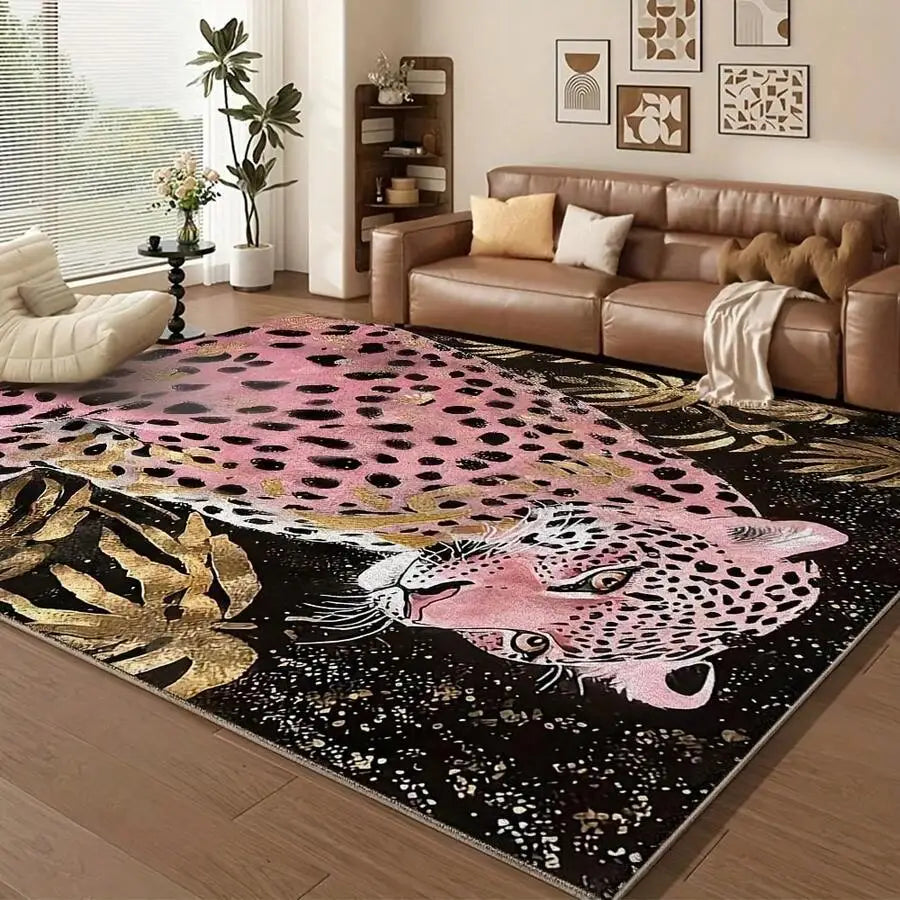 Pink Tiger Floral Pattern Flannel Rug, 2D Digital Print, Non-Slip