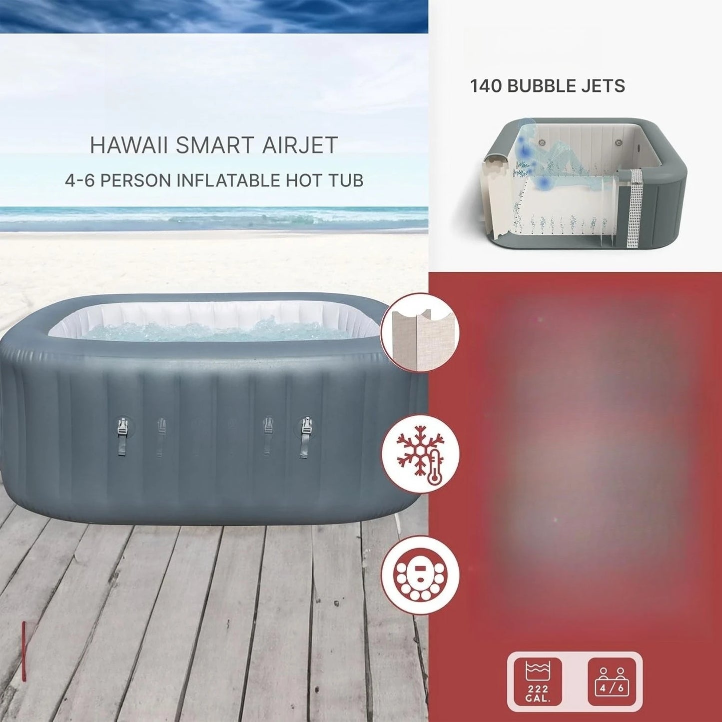 4 to 6 Person Inflatable Hot Tub Square w/ 114  AirJets  Cover