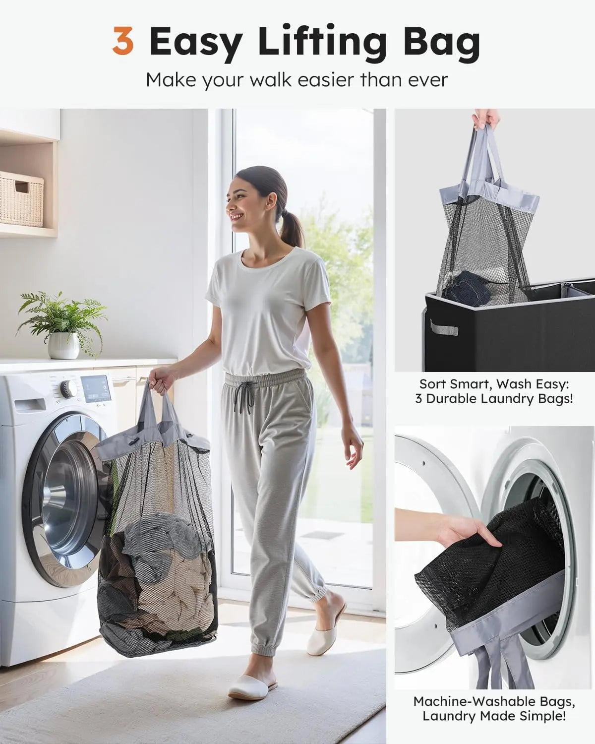180L Extra Large Laundry Hamper with Lid, 3-Section