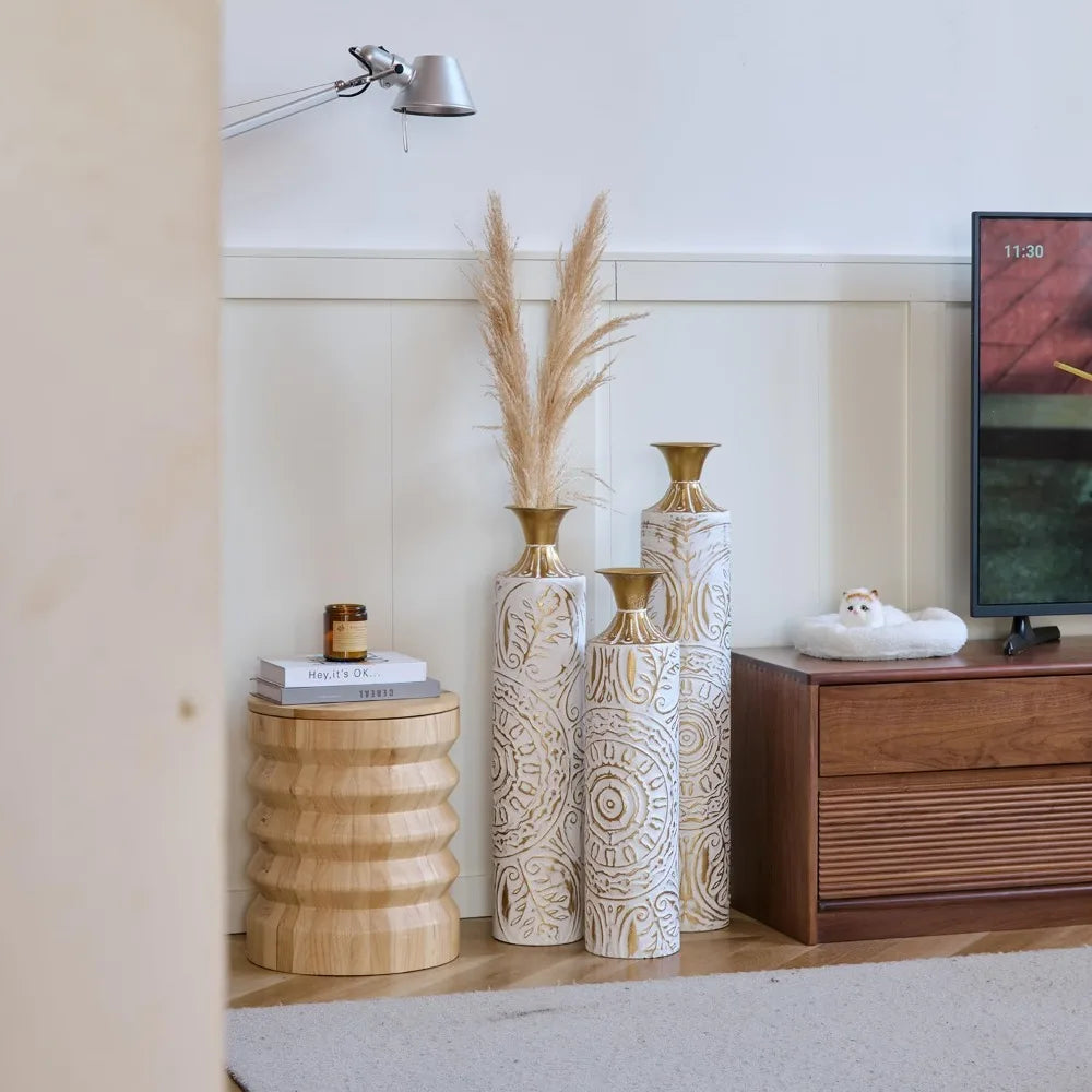 Set of 3 White & Gold Metal Vases - , 24in/28.7in/33.5in Tall