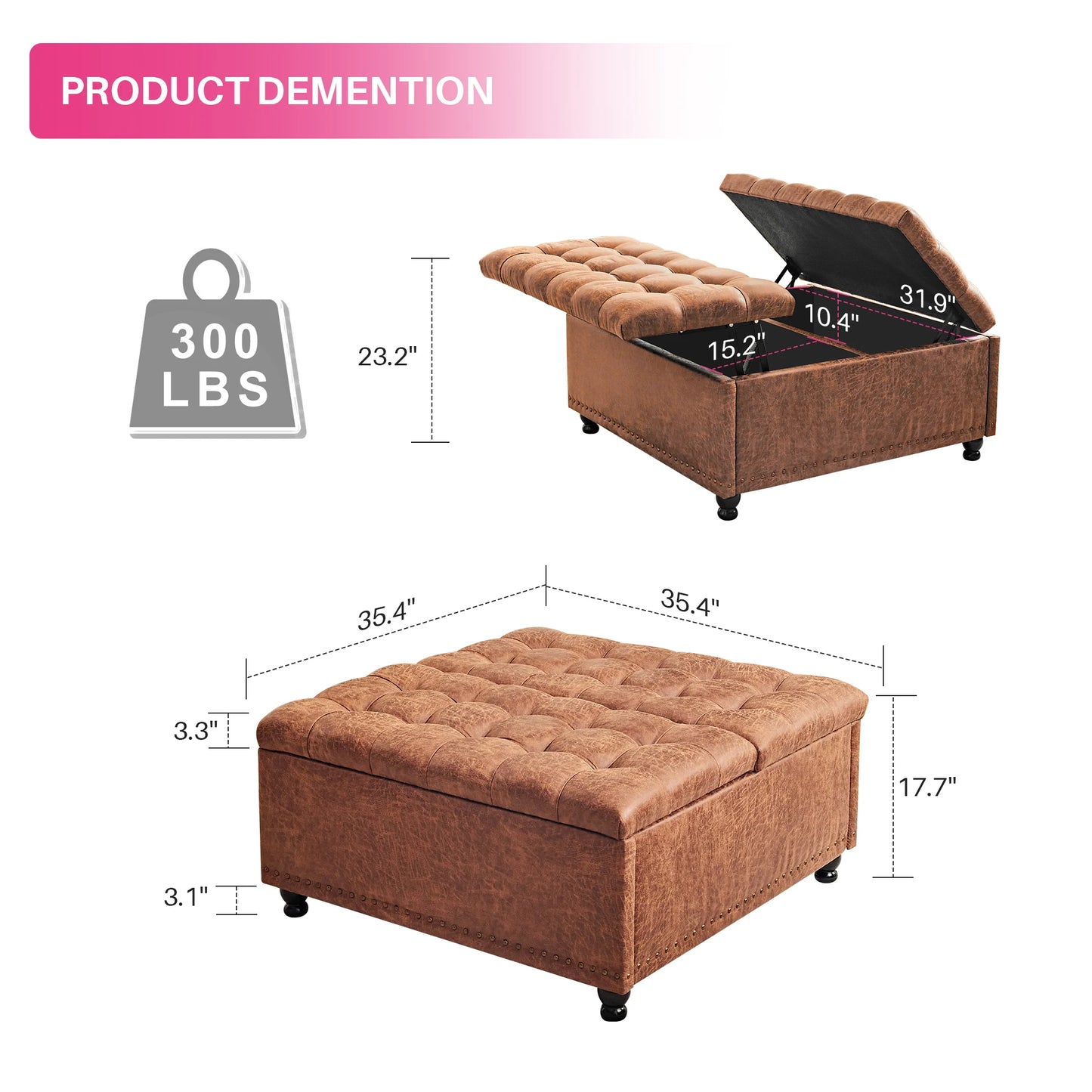 35" Large Square Storage Ottoman Bench