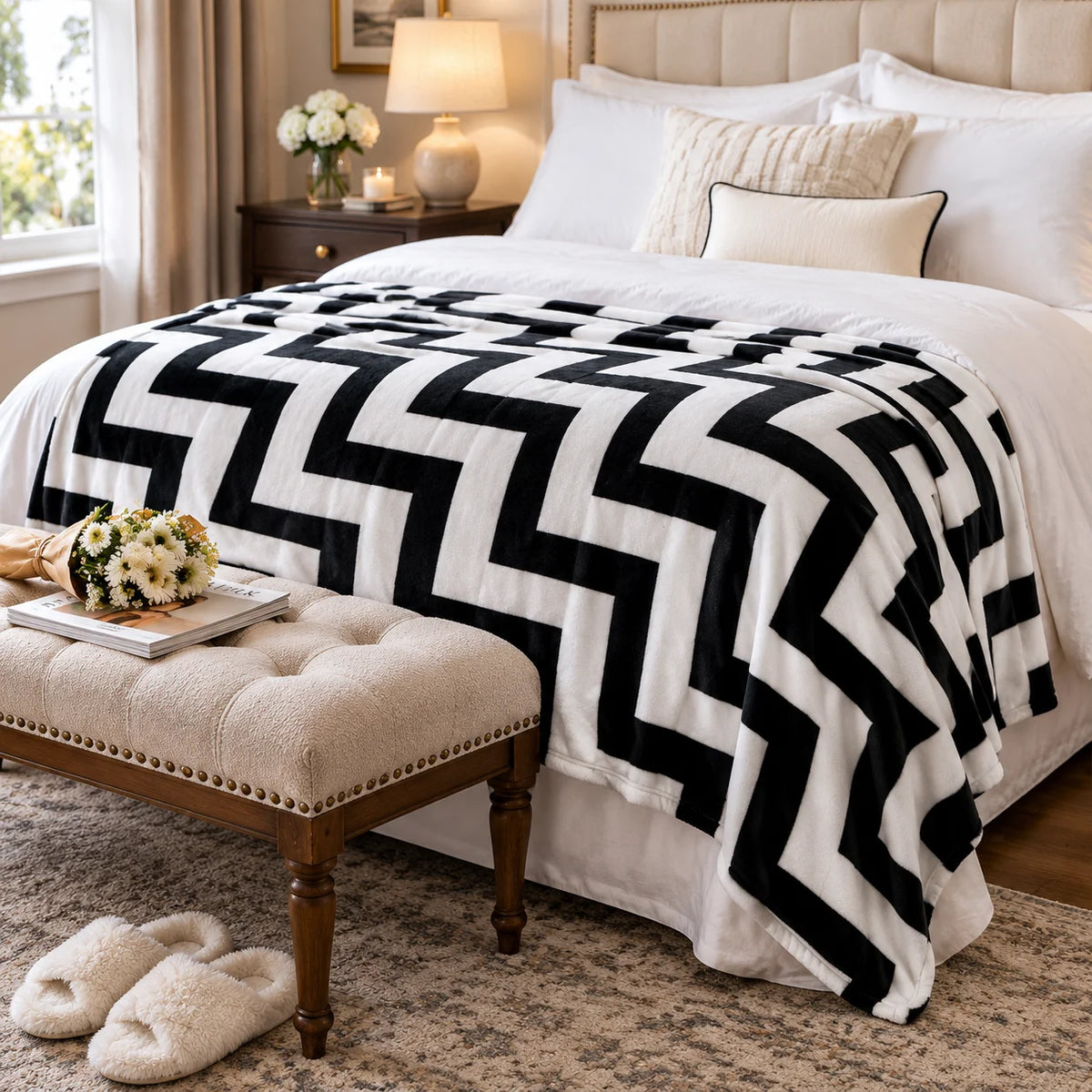 Black White Geometric Flannel Fleece Blanket, Soft Plush Throw