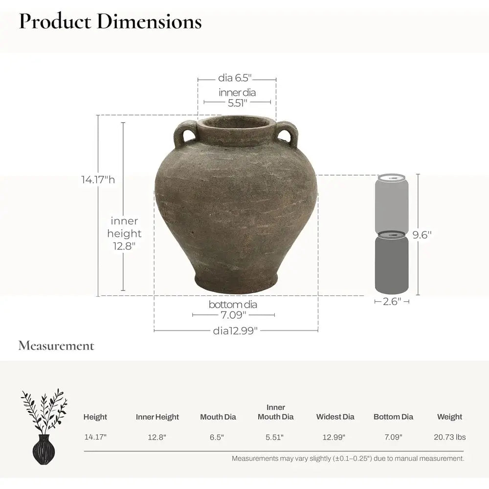 Rustic Large Vase, 14 Tall Brown Terracotta Cauldron