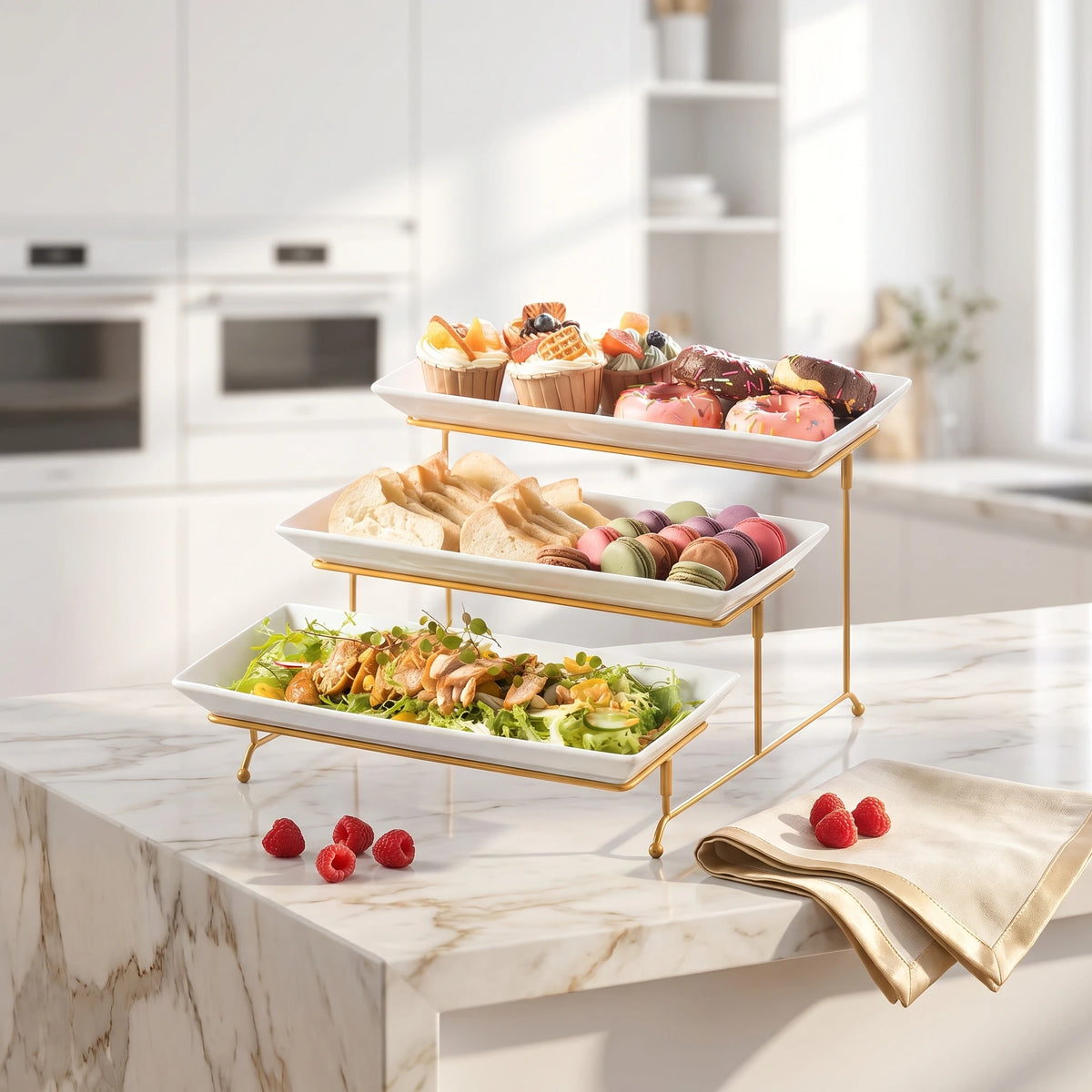 Elegant 3 Tier Porcelain with Gold Stand,  Serving Trays