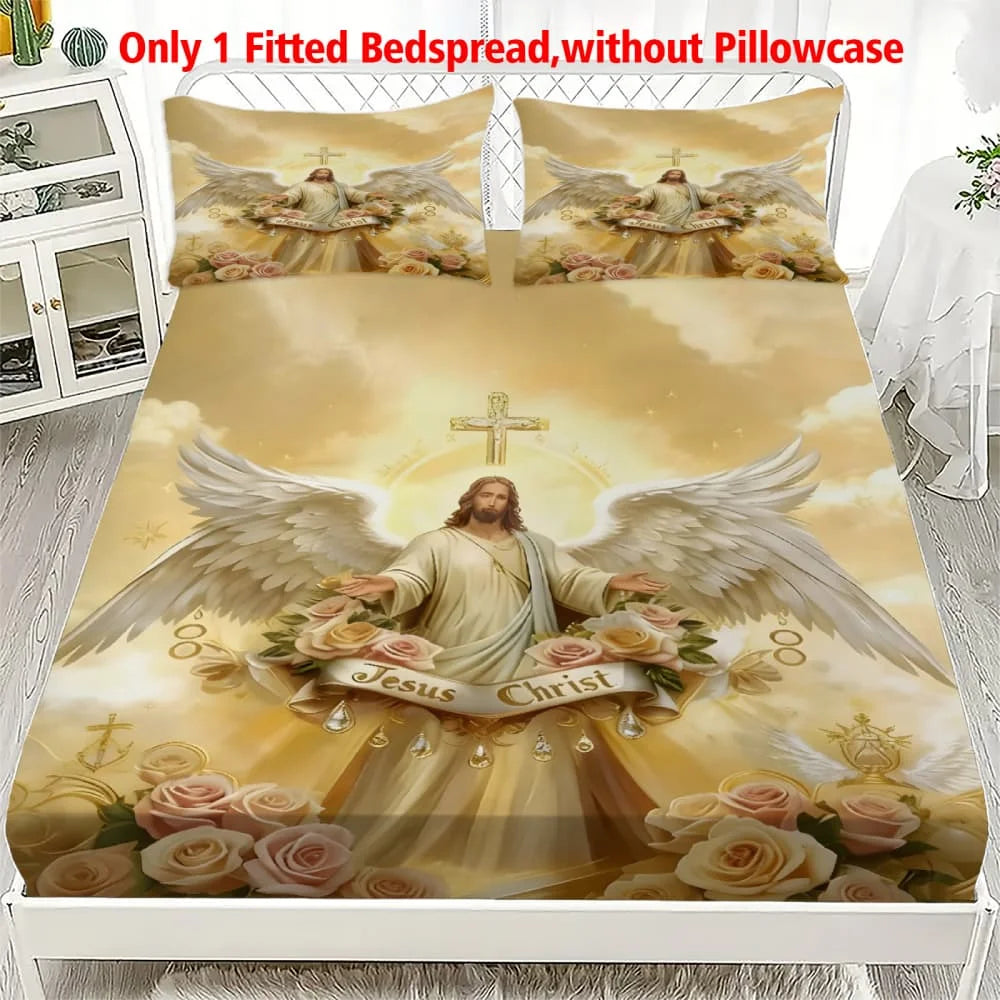 1pc Angelic Jesus Christ Print Fitted Sheet Deep Pocket Elastic Mattress Cover