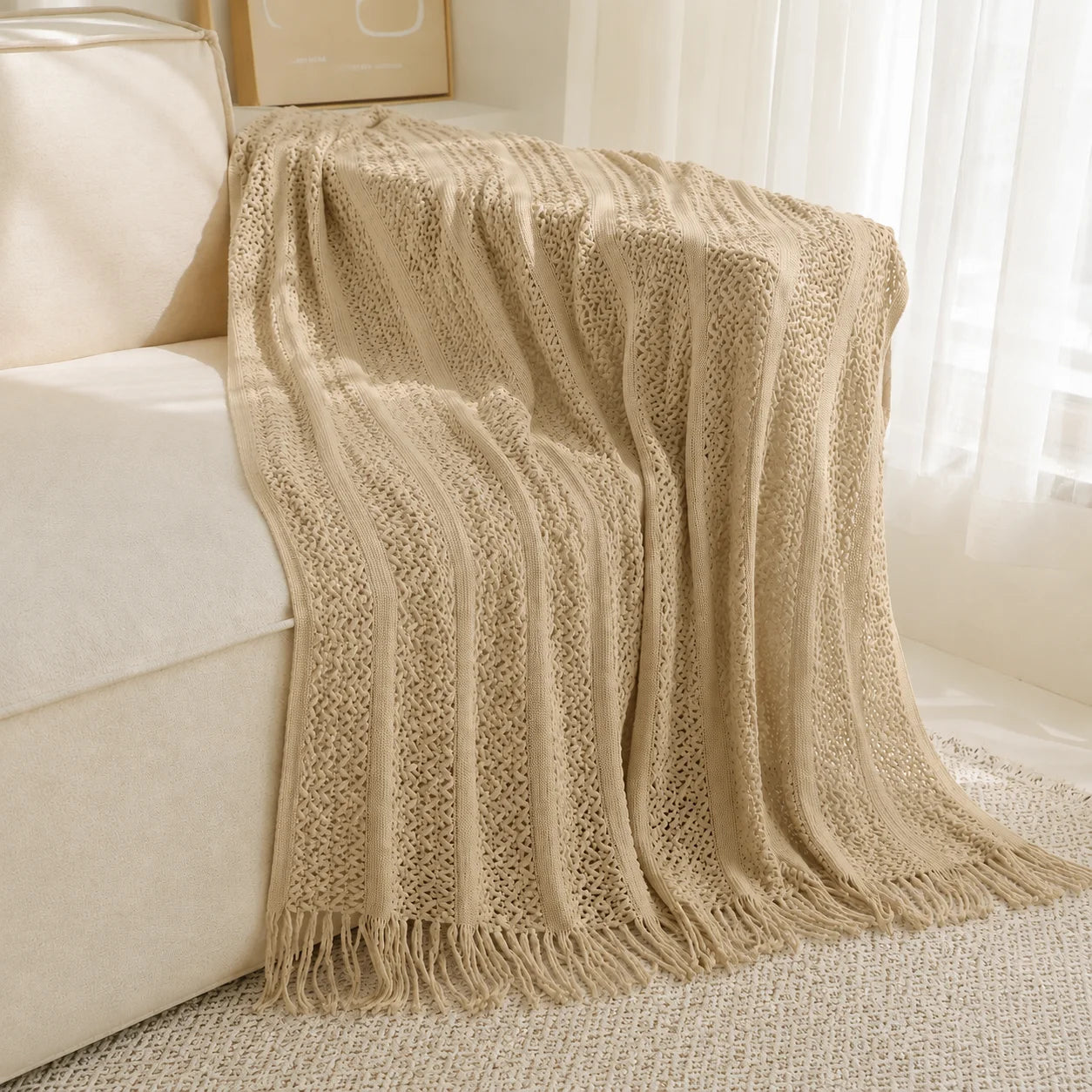 Dark Brown Wavy Chevron Textured Knit Throw Blanket with Tassel Fringe,