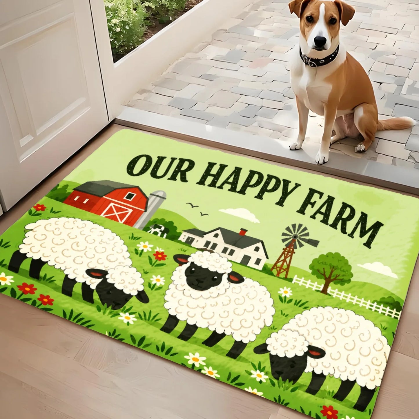 3PCS Kitchen Rugs,Home Decoration for Front Door, Kitchen, Bathroom, Our Happy Farm Sheep Barn Field Dining Mat