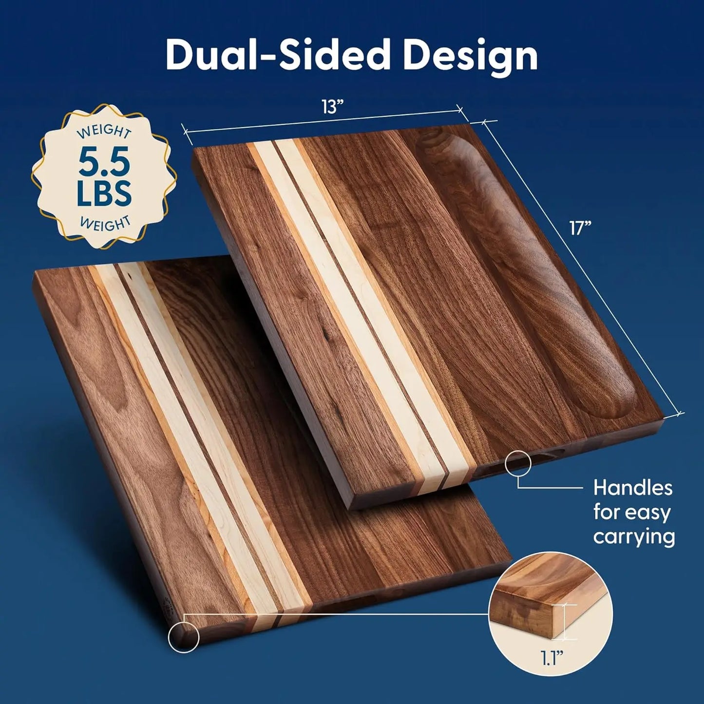Reversible Walnut Cherry Maple Edge Grain Cutting Board 17x13x1.1 in