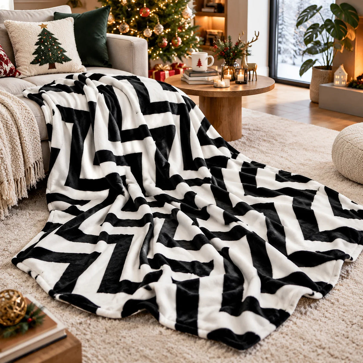 Black White Geometric Flannel Fleece Blanket, Soft Plush Throw