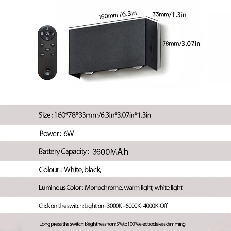 LED modern charging wall lamp touch 3-color  3600mAh