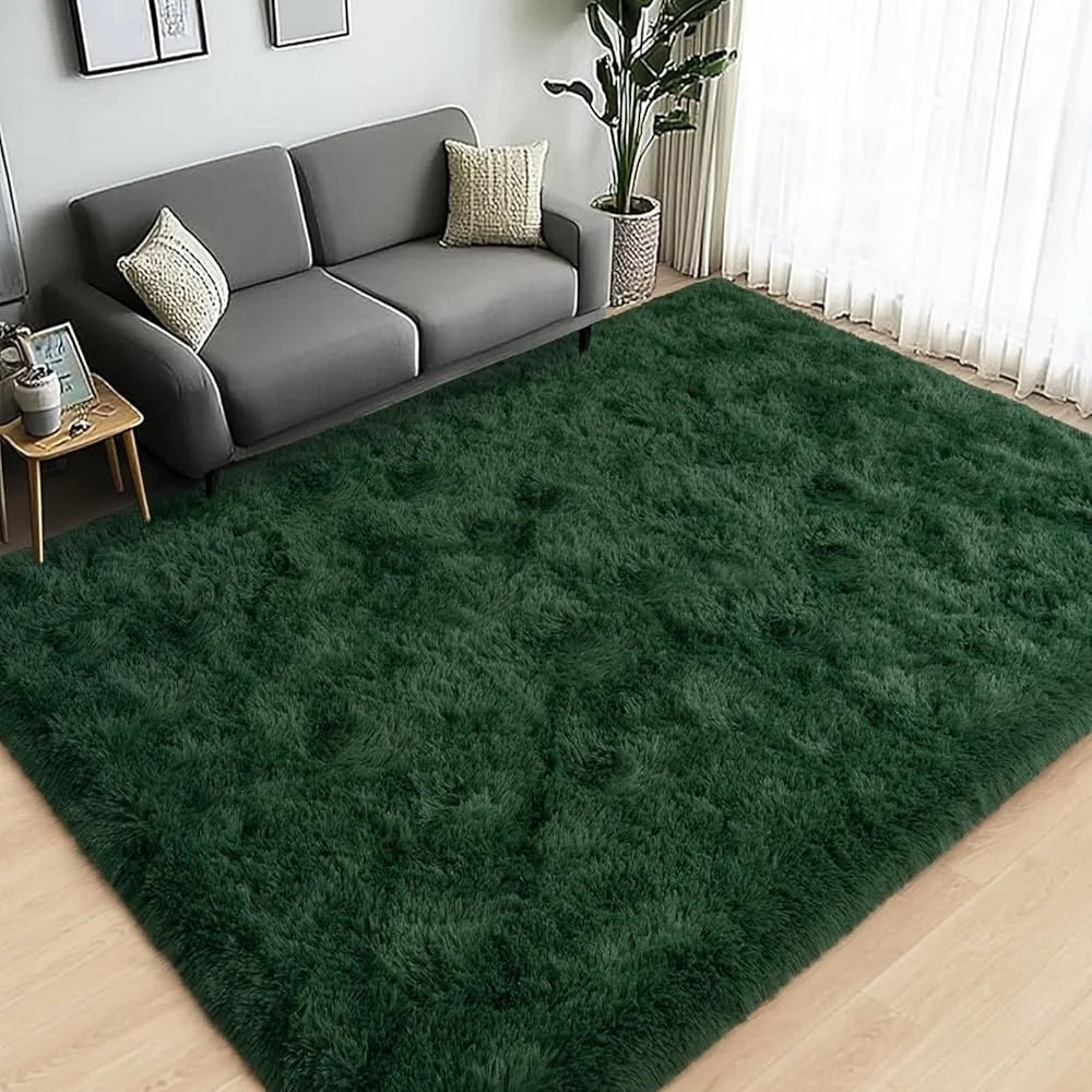 Large Area Rugs 8x10 Dark Green Fluffy Shaggy Plush Soft