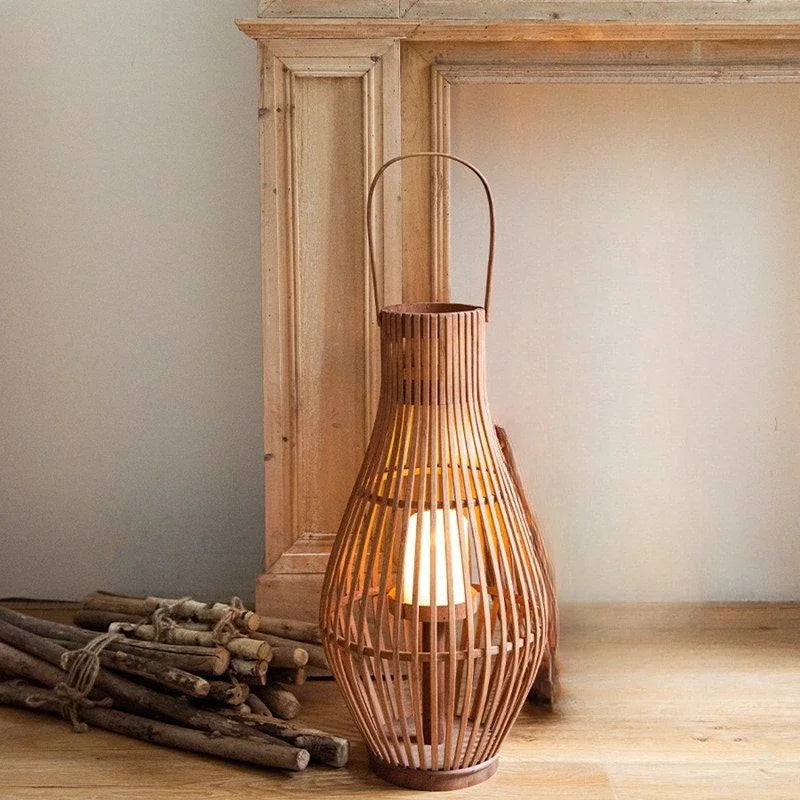Vintage Wood Floor Candlestick Natural Bamboo Lantern