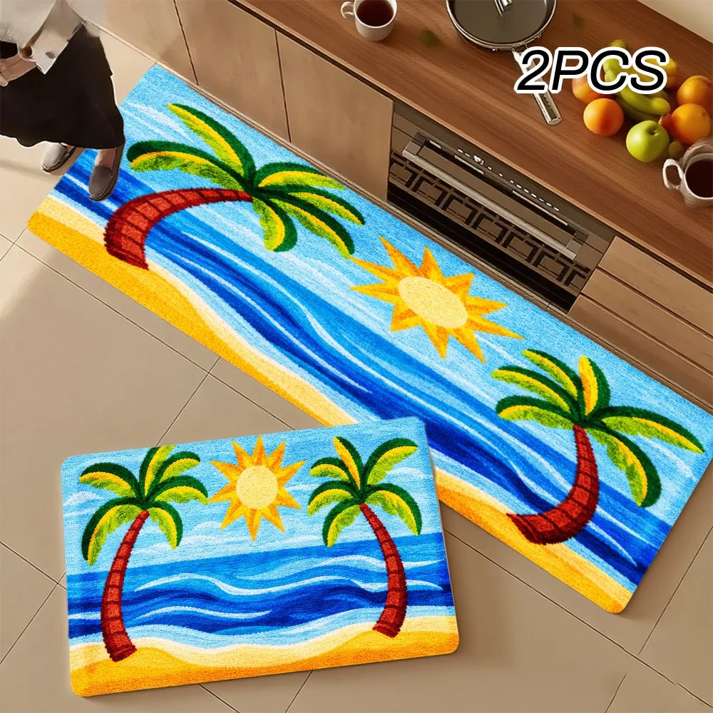3PCS Rugs,Tropical Palm Tree Sun And Ocean Waves Pattern Dining Mat