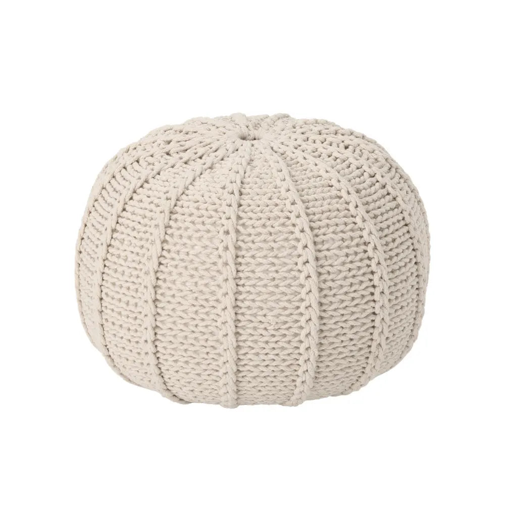 Knitted Cotton Round Pouf, Beige stool