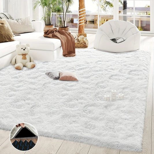 White Fluffy Shaggy Non-Slip Rugs with 4 Stickers,