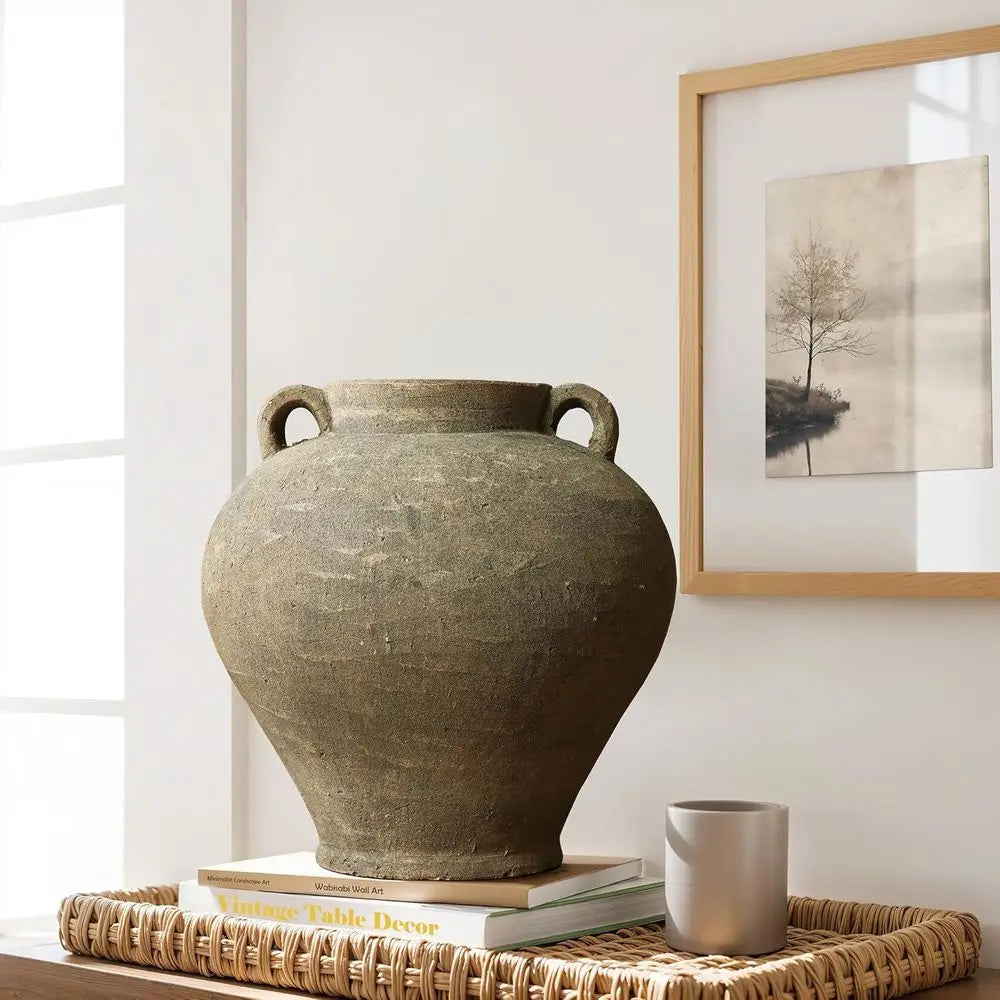 Rustic Large Vase, 14 Tall Brown Terracotta Cauldron