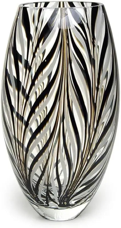Glass Vase Black and White Feather Pattern Hand Blown