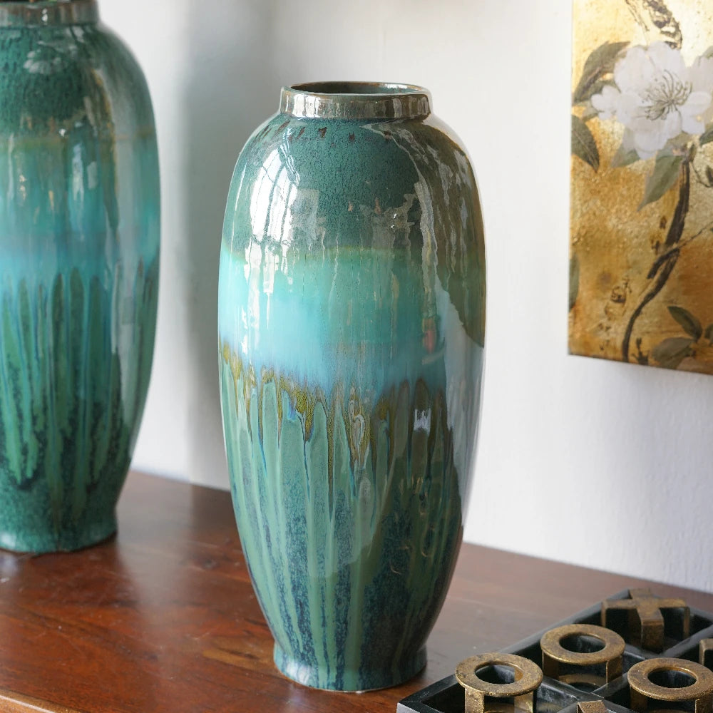 D7x15.9" Decorative Ceramic Vase with Blue Green Reactive Glaze Flowers