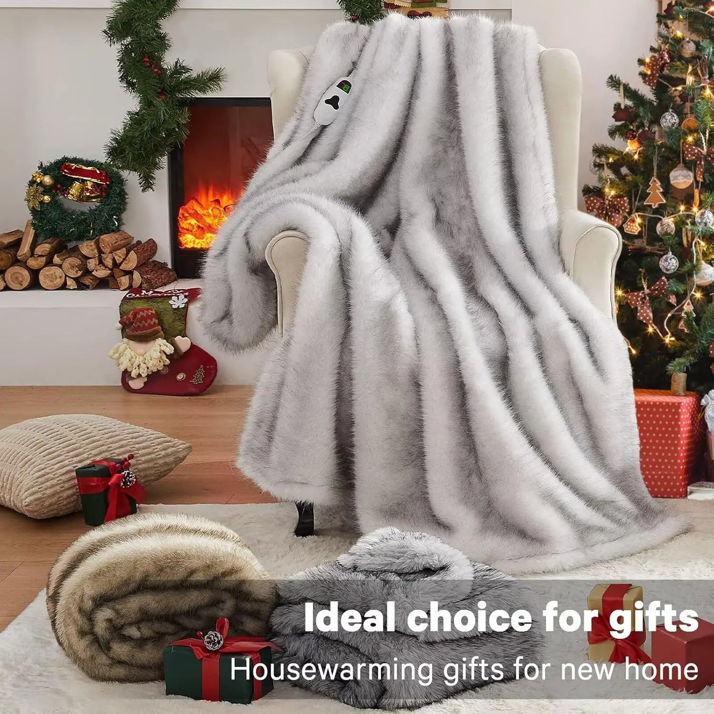 Faux Fur Heated Blanket 50'x60', 10 Heat Settings, 8H Auto Off - White