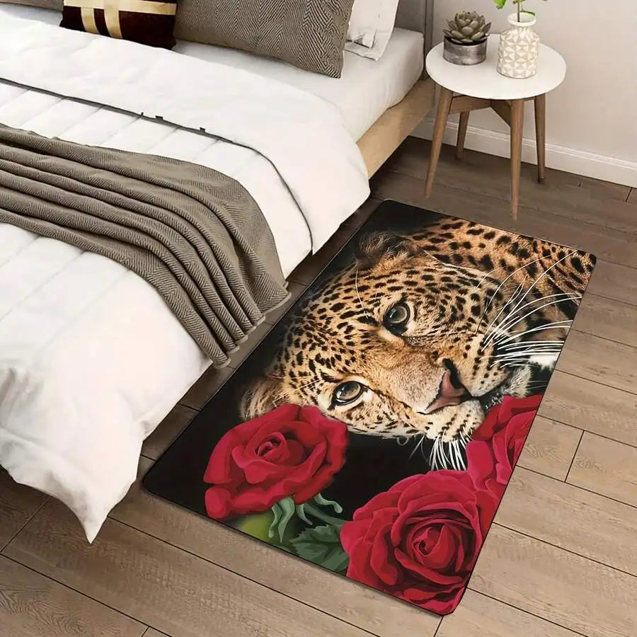 Pink Tiger Floral Pattern Flannel Rug, 2D Digital Print, Non-Slip