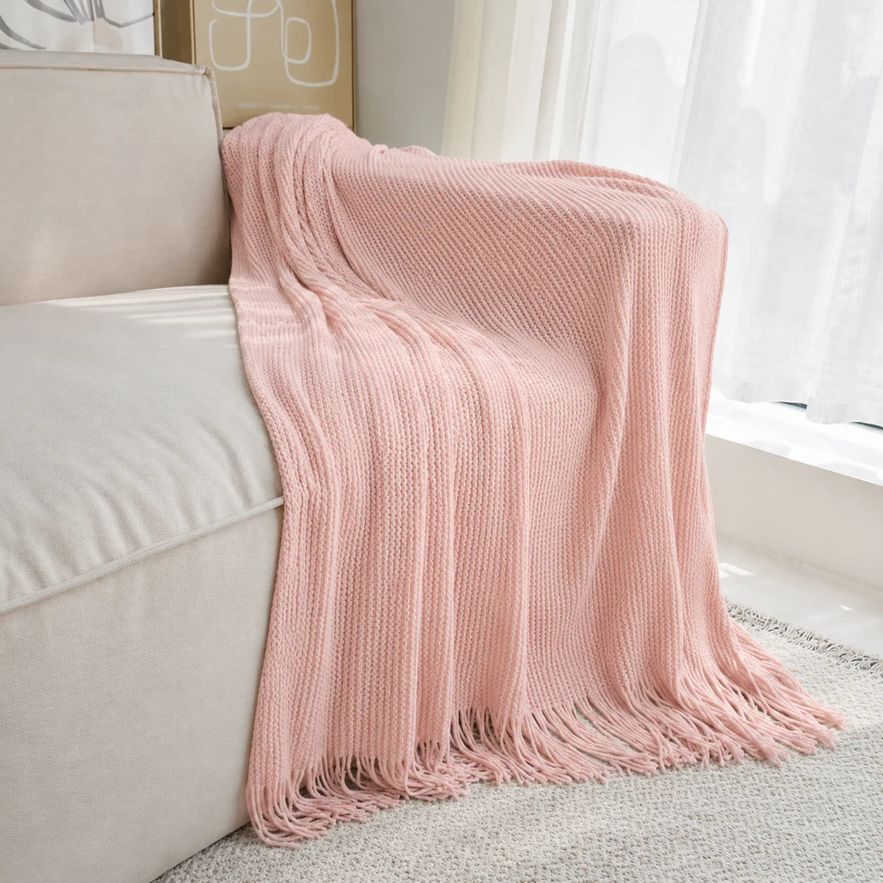 Dark Brown Wavy Chevron Textured Knit Throw Blanket with Tassel Fringe,