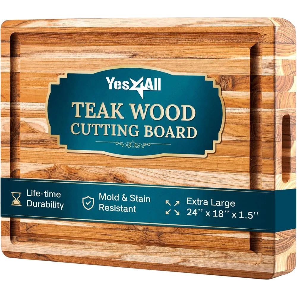 Large Edge Grain Teak Cutting Board for Kitchen, 24''L x 18''W x 1.5'