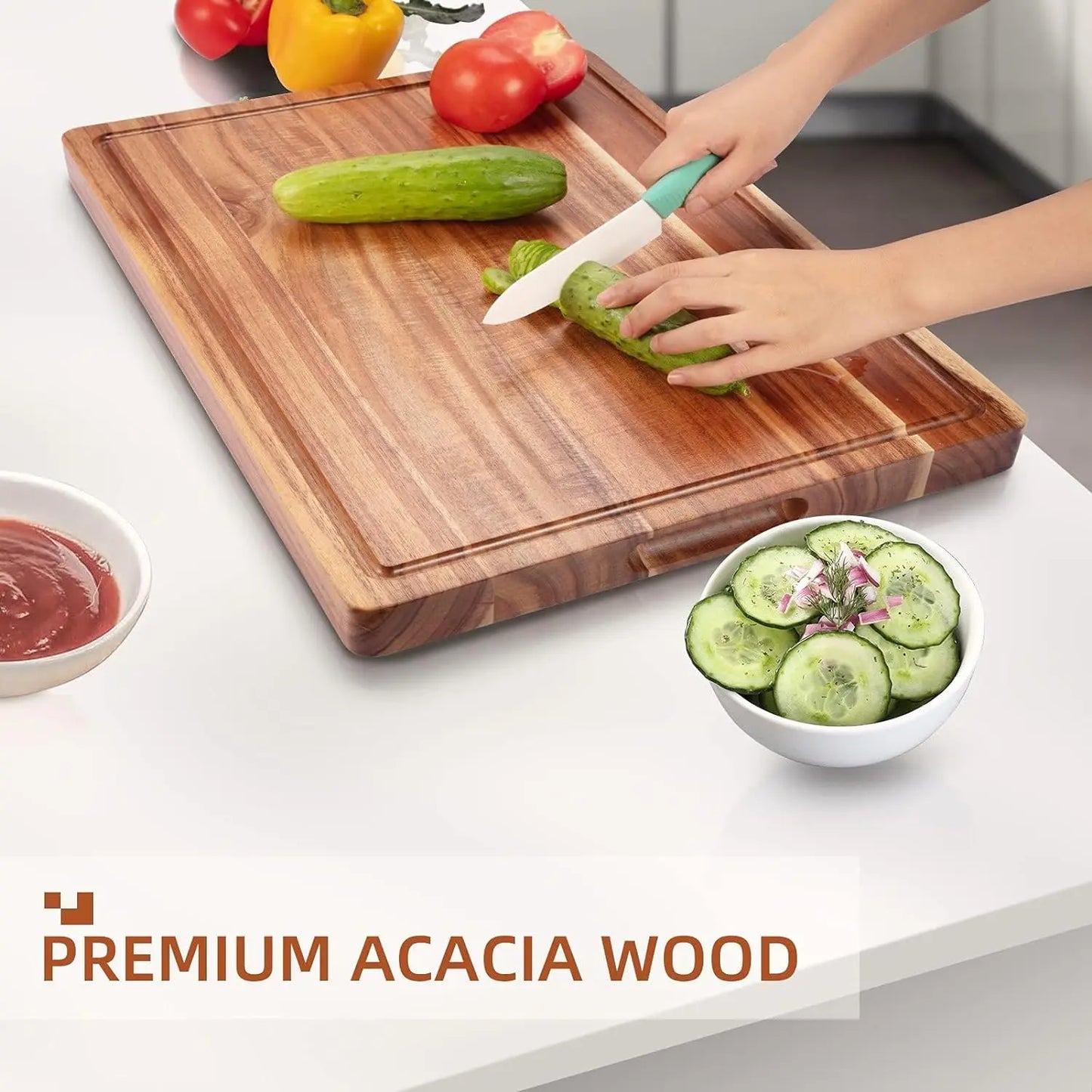 Acacia Wooden Cutting Board  Thick Chopping Board With Side Handles