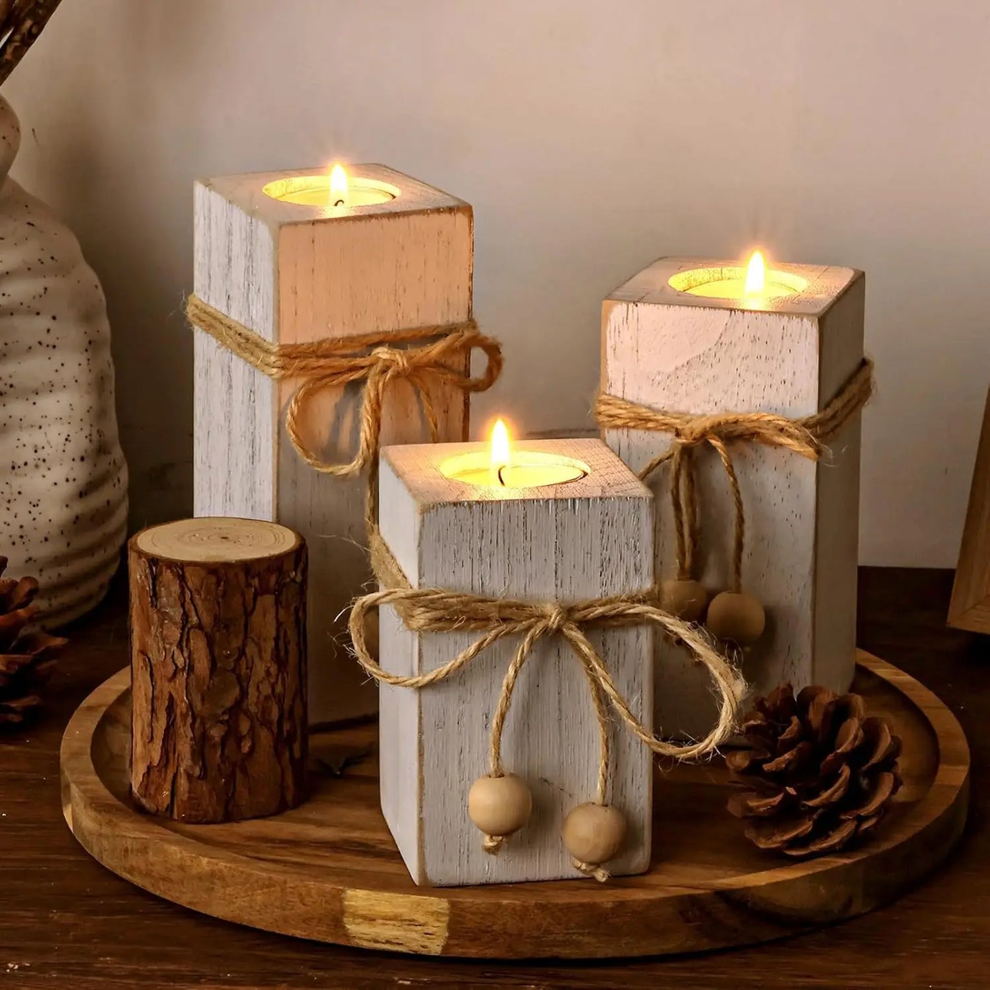 White Farmhouse Candle Holder with Flameless LED Candles F