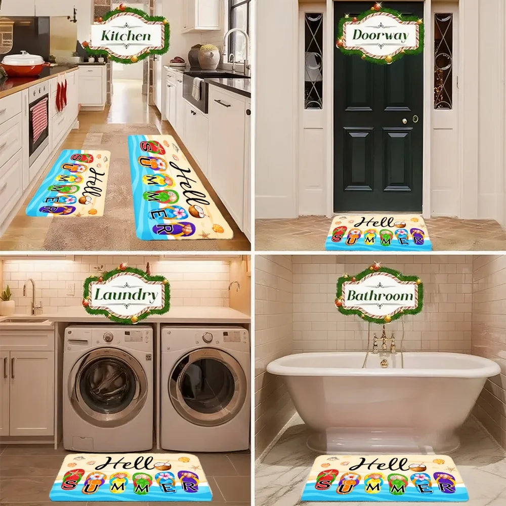 3PCS Kitchen Rugs Hello Summer Colorful Flip Flops Pattern Dining Mat