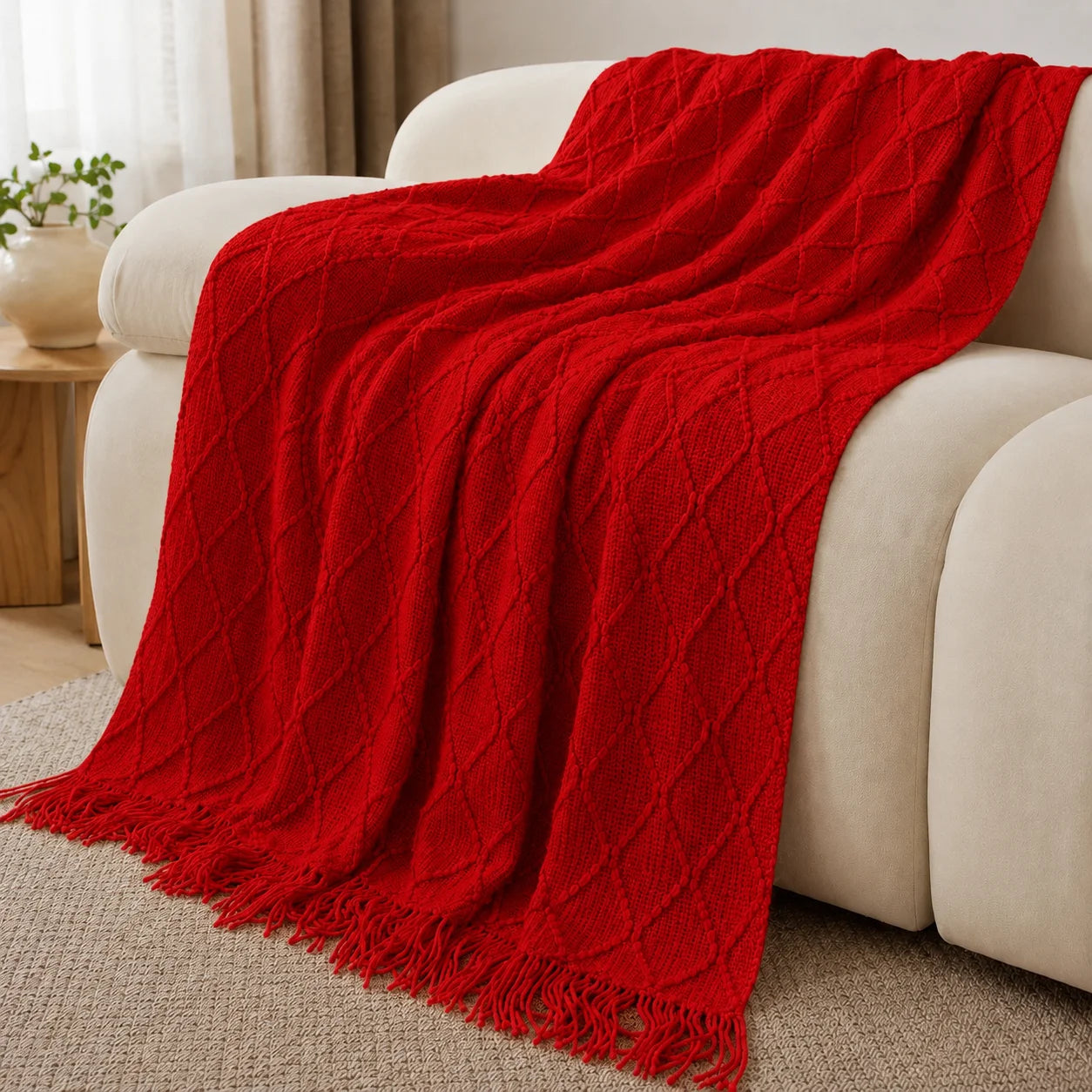 Textured Knit Throw Blanket with Tassel Fringe, Soft Knitted Decorative Blanket,