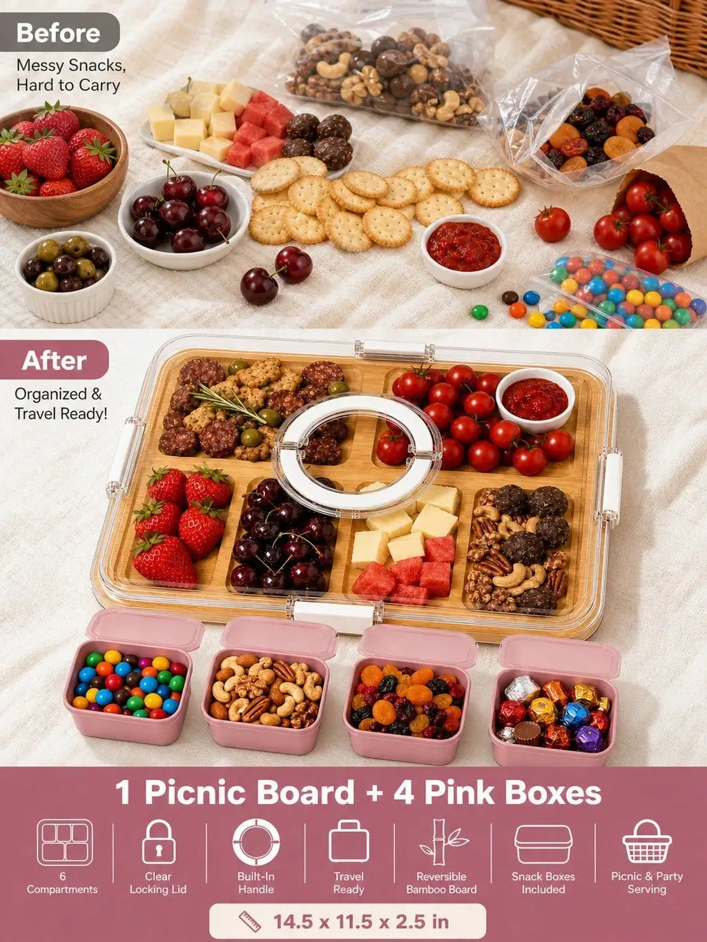 Portable Bamboo Charcuterie Board Set with Clear Lid