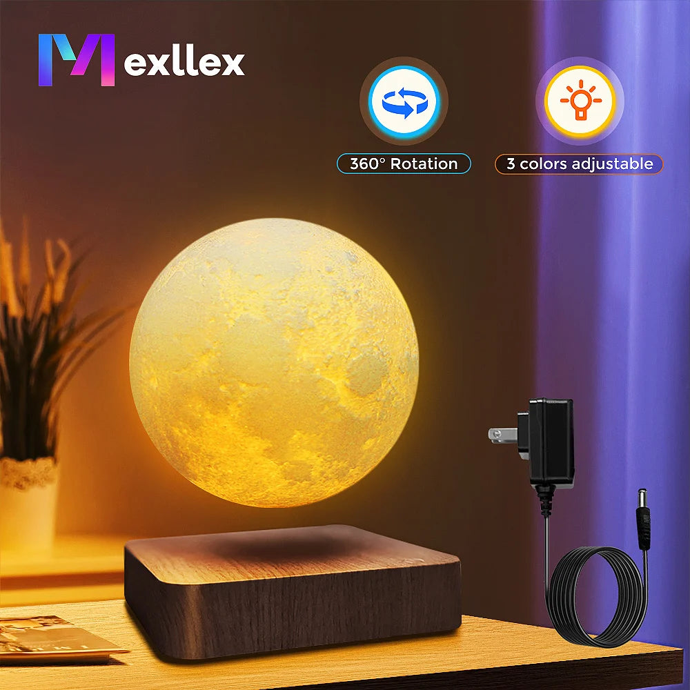 Magnetic Floating Moon with Wooden Base, 3 Color LED Night Lights