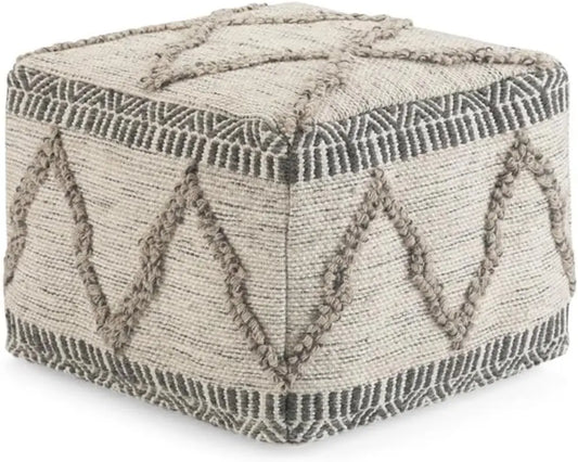 Boho Square Pouf In Grey, Natural Handloom Woven Pattern