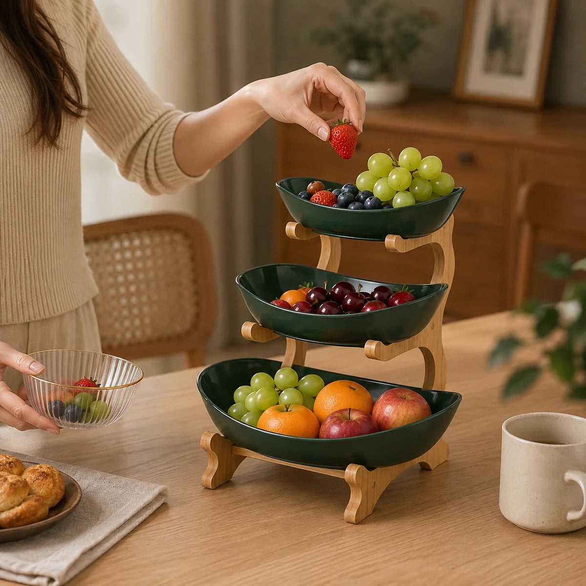 2/3-Tier Fruit Bowl with Stand, Plastic Fruit Basket with Bamboo Frame f