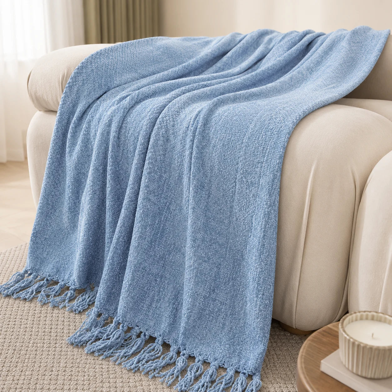 Textured Knit Throw Blanket with Tassel Fringe, Soft Knitted Decorative Blanket,
