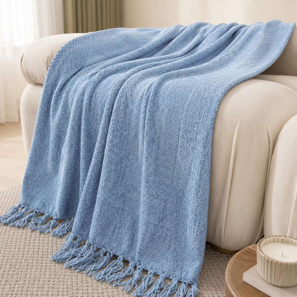 Burnt Orange Herringbone Textured Knit Throw Blanket with Tassel Fringe