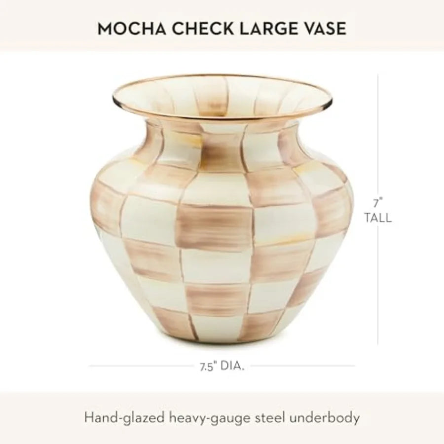 Enamel Large Vase, Unique Flower-Vase Brown-and-White
