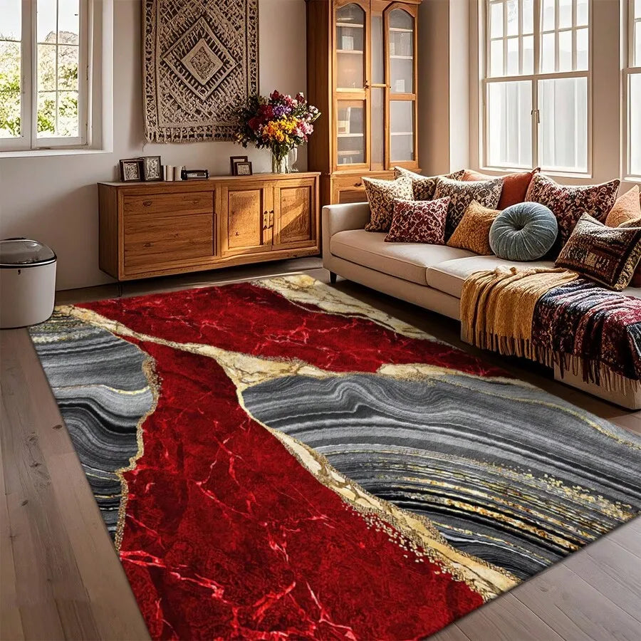 Red Gray Marble Pattern Large Area Rug