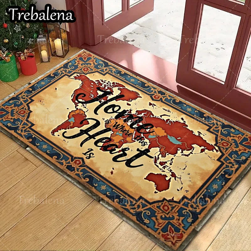1pc Welcome Door Mat World Map Floral Border Area Rug