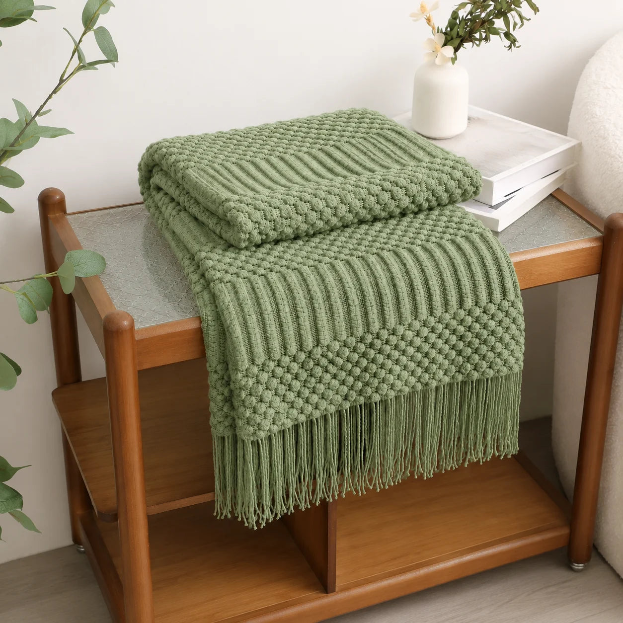 Cream Popcorn Bobble Textured Knit Throw Blanket with Tassel Fringe,