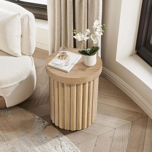 Wood Round Side Table, 19" Fluted End Table