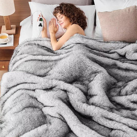 Faux Fur Heated Blanket 50'x60', 10 Heat Settings, 8H Auto Off - White